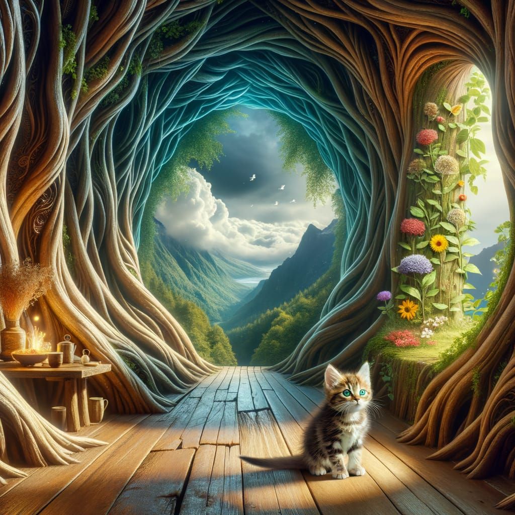 Cute Kitten in Enchanting Tree Branch Walkway