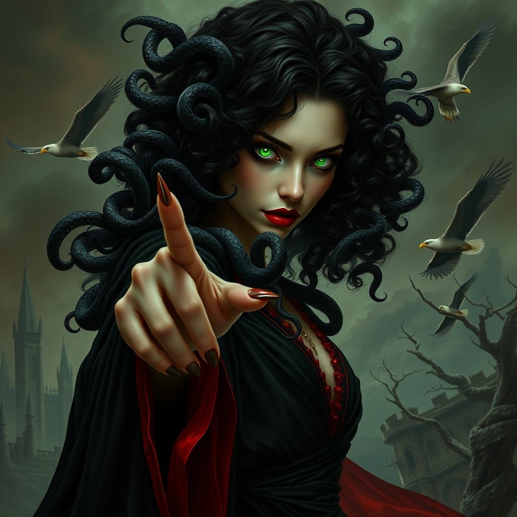 Mystical Sorceress with Emerald Eyes and Crimson Serpents