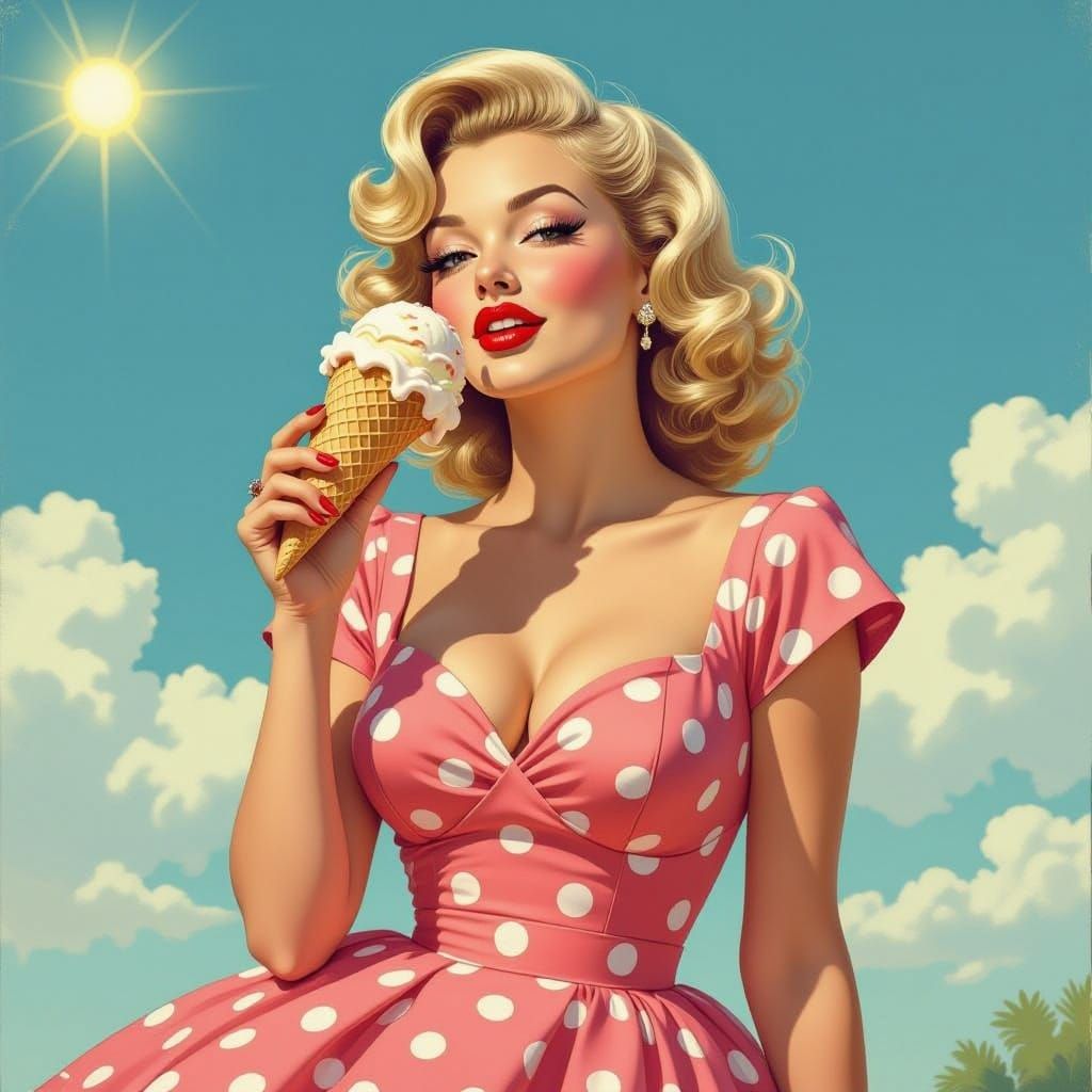 Vintage Pin-Up Girl Enjoying a Scoop of Ice Cream