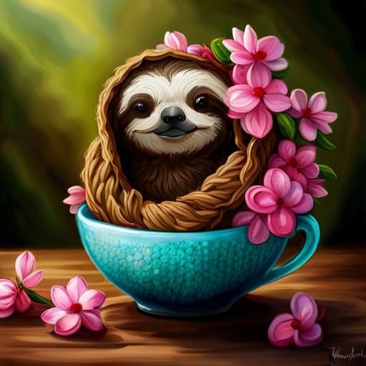 Adorable Crochet Sloth in Teacup, Digital Illustration