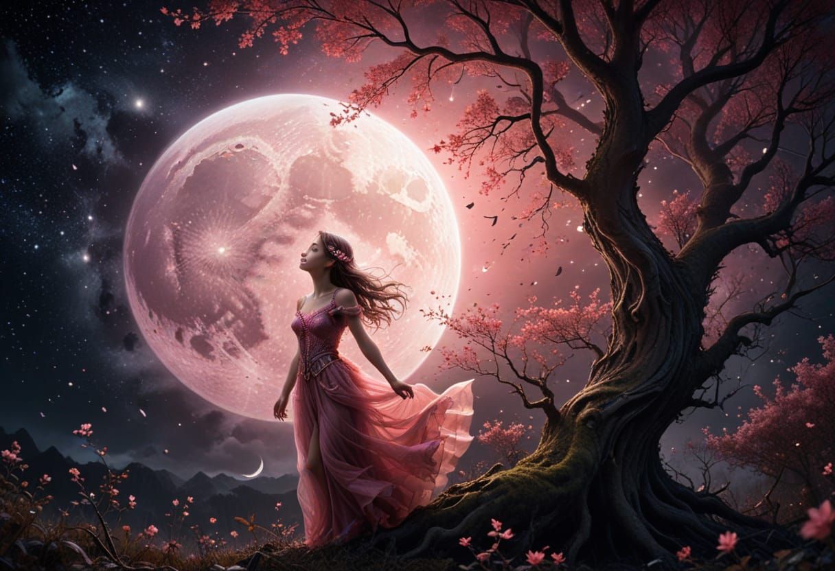 Enchanting Moon Face with Pink Dust in Mystical Night Sky