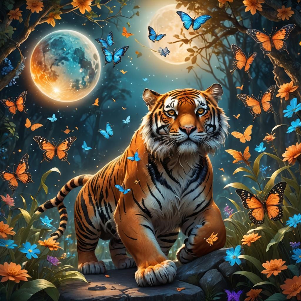 Tiger Holding Moon in Whimsical Fantasy Art