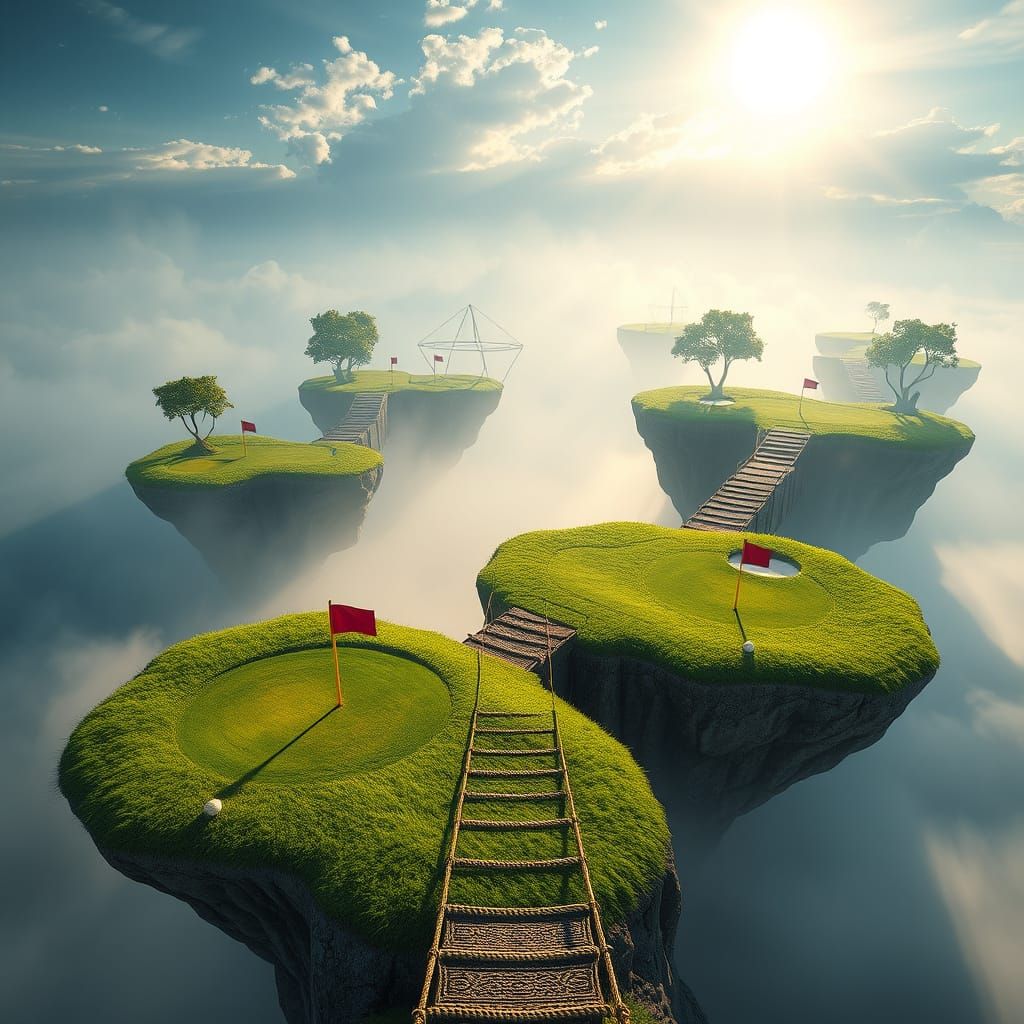 Surreal Golf Greens on Floating Islands in Ethereal Light