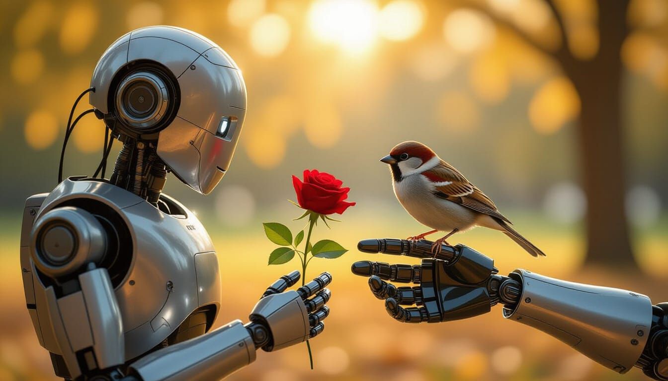 Robot's Gentle Gift to Sparrow in Sunlit Park