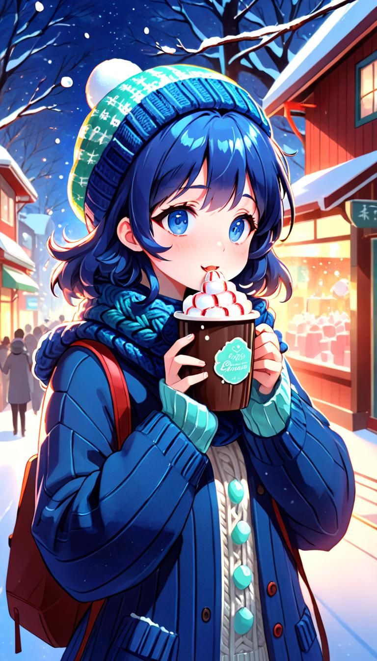 Anime Girl Enjoying Winter with Hot Chocolate