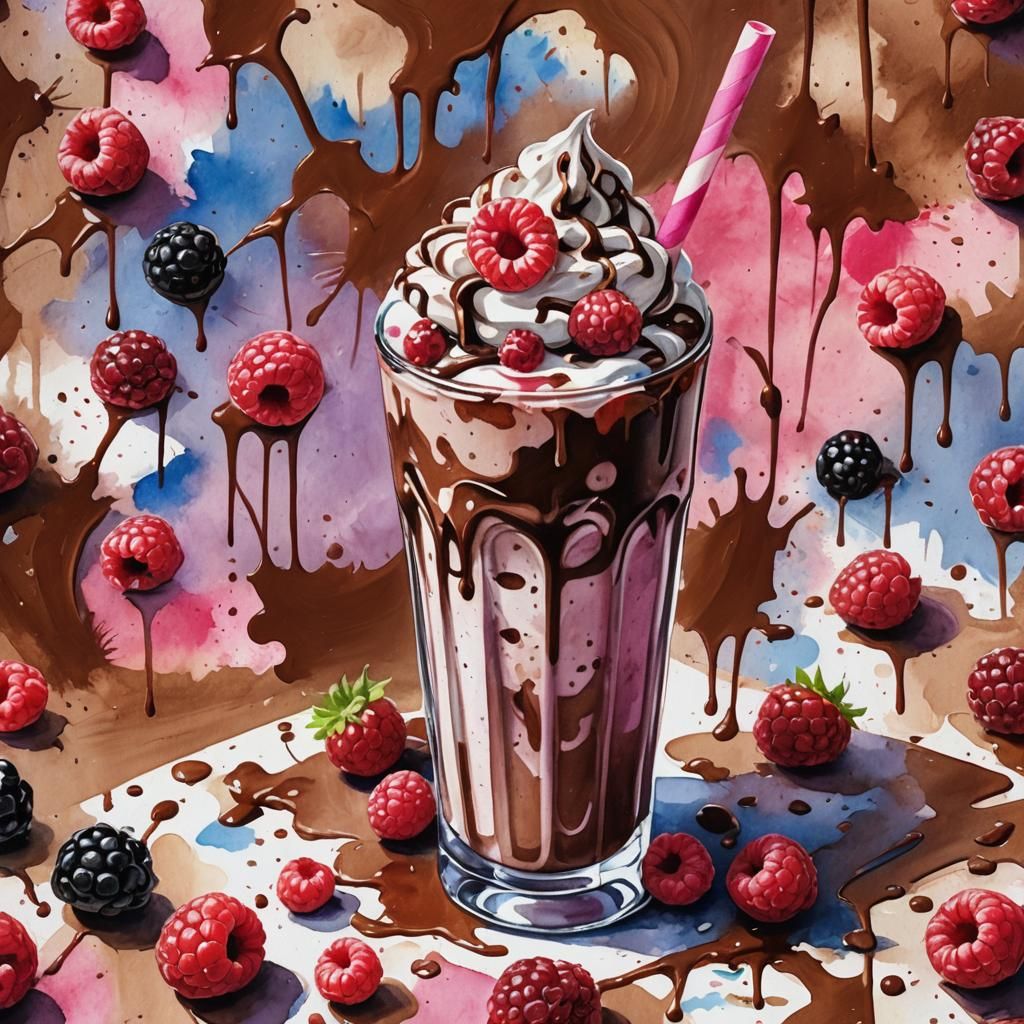 Chocolate Raspberry Milkshake in Gouache Watercolor Style