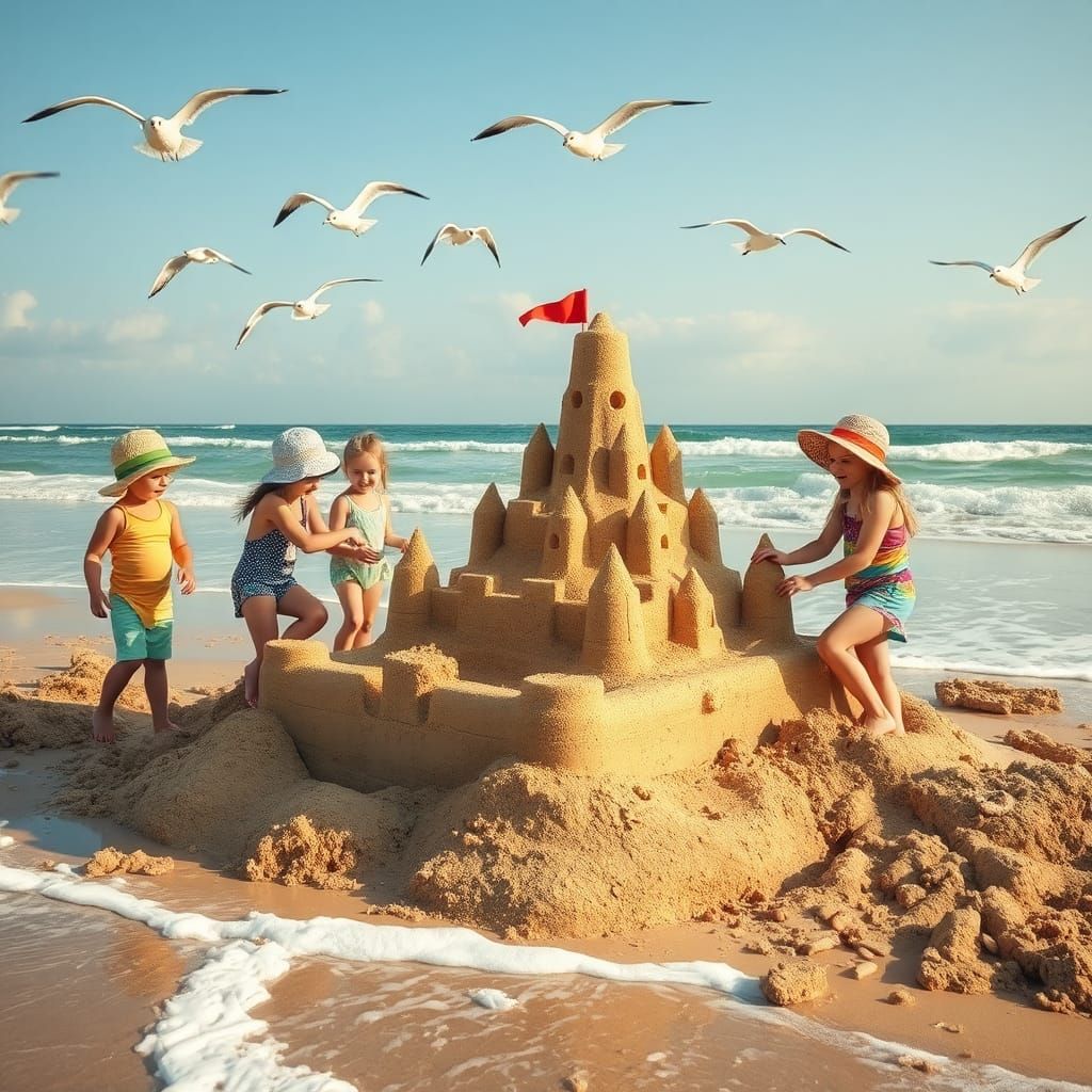 Children Building Sandcastle on Beach in Dreamy Style
