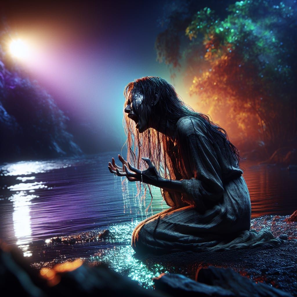 Woman Screaming in Despair Under Moonlight