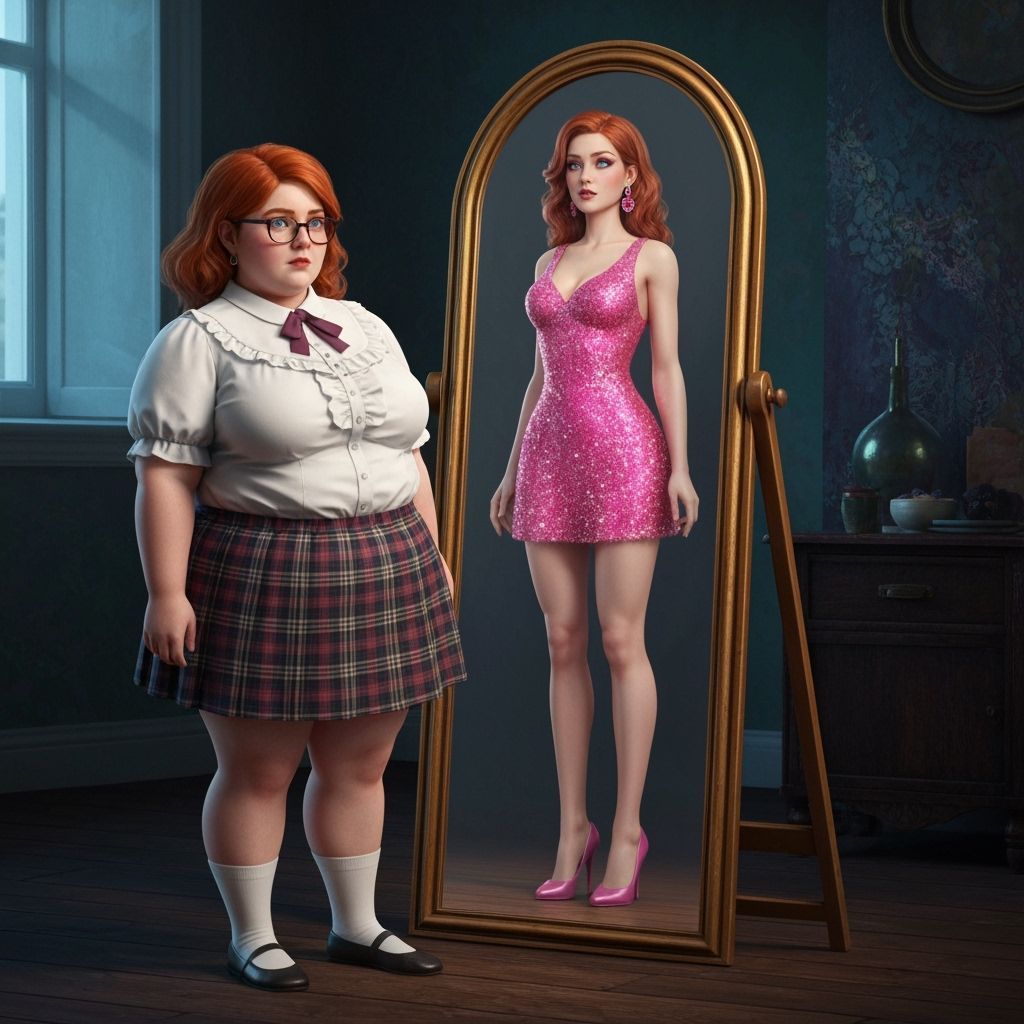 Woman Sees Ideal Self in Mirror, Fantasy Art