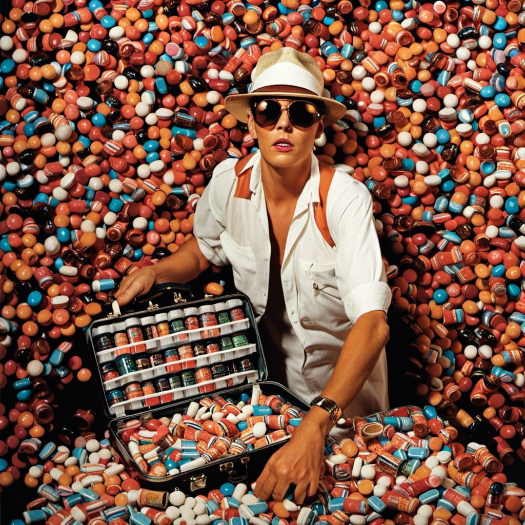 Hyperrealistic Raoul Duke Portrait with Pills and Alcohol