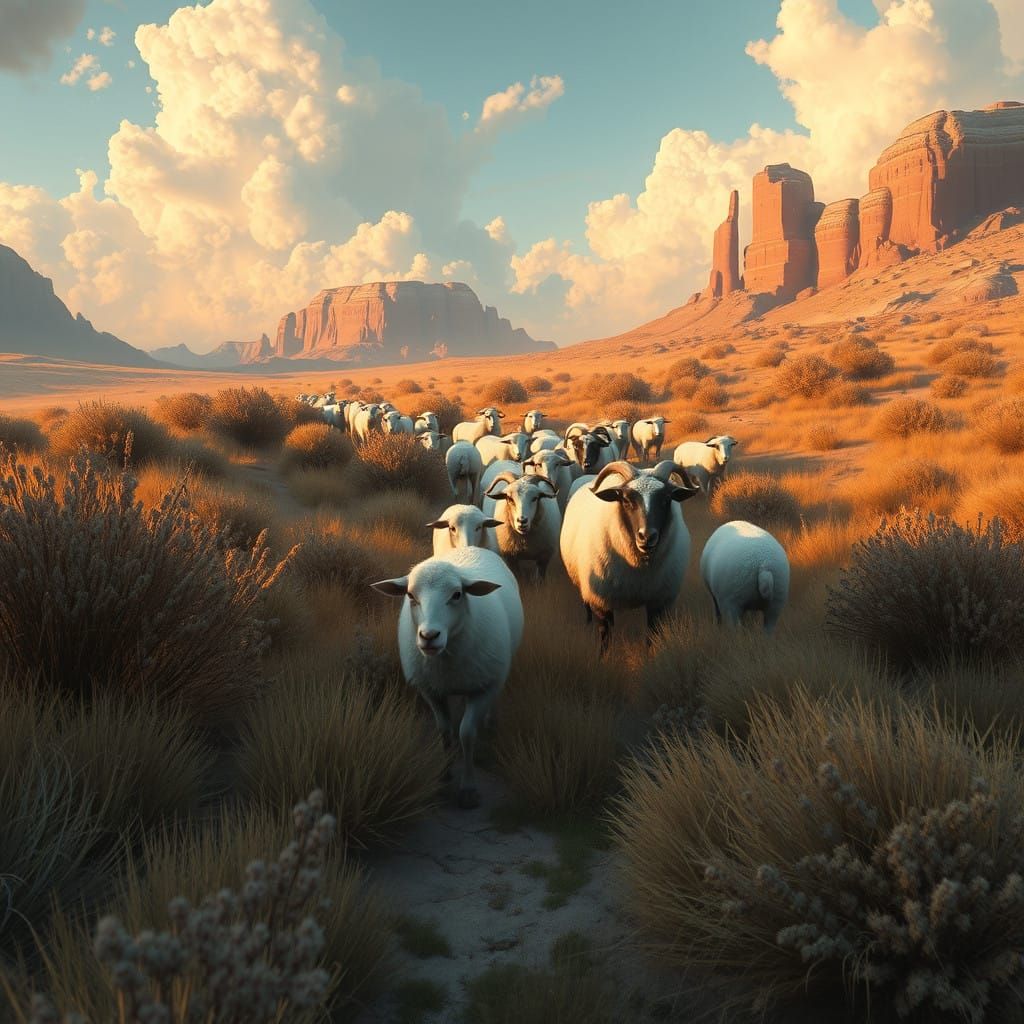 Wanderers in a Sage Brushland Herding Fantastical Sheep