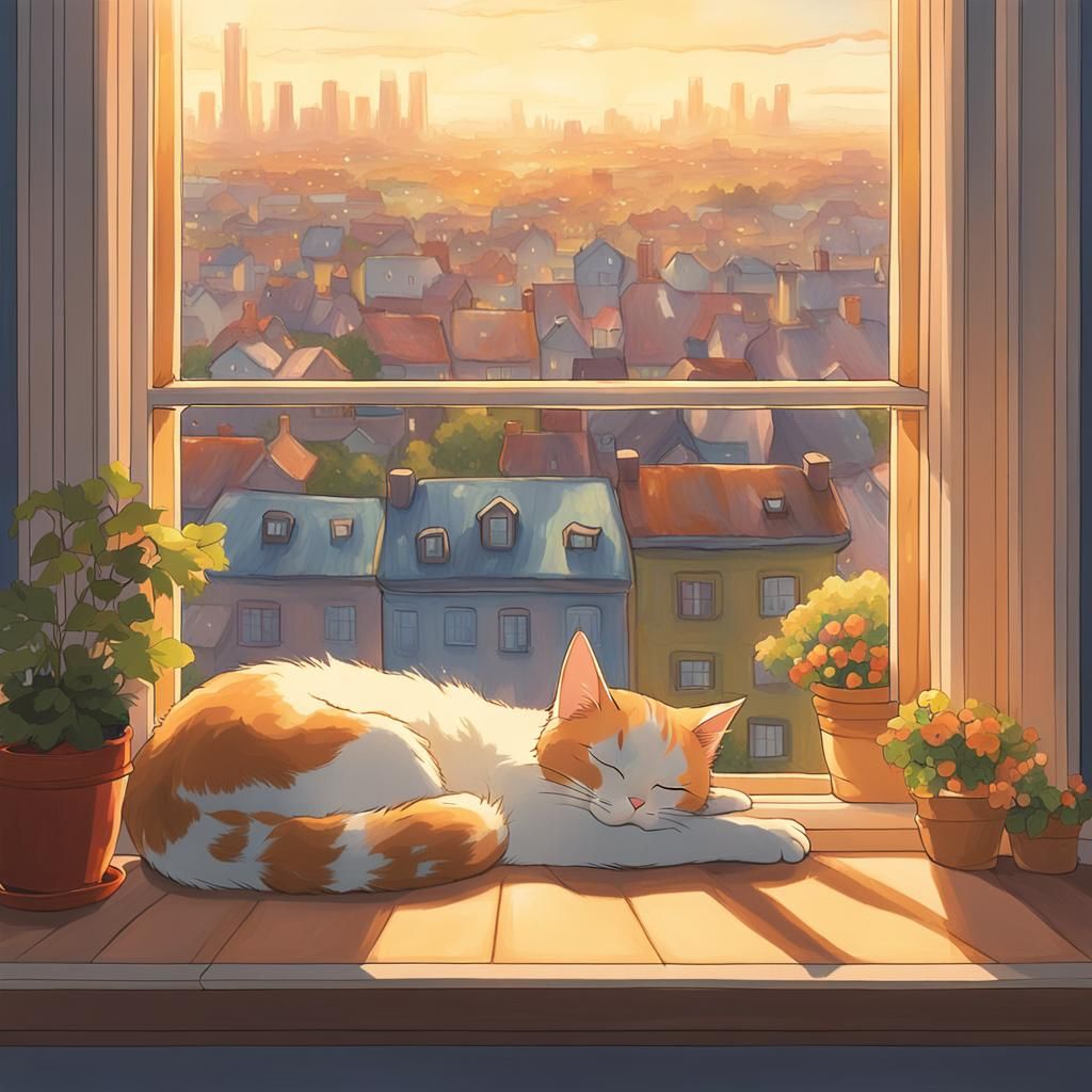 Peaceful Anime Cat Nap at Golden Hour