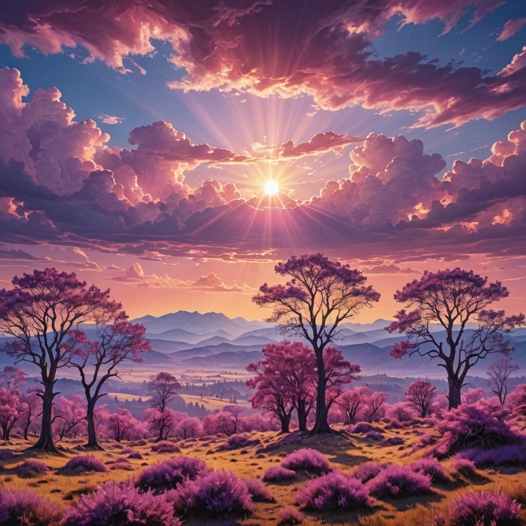 Vibrant Surrealist Landscape with Golden Light as Oil Painti...