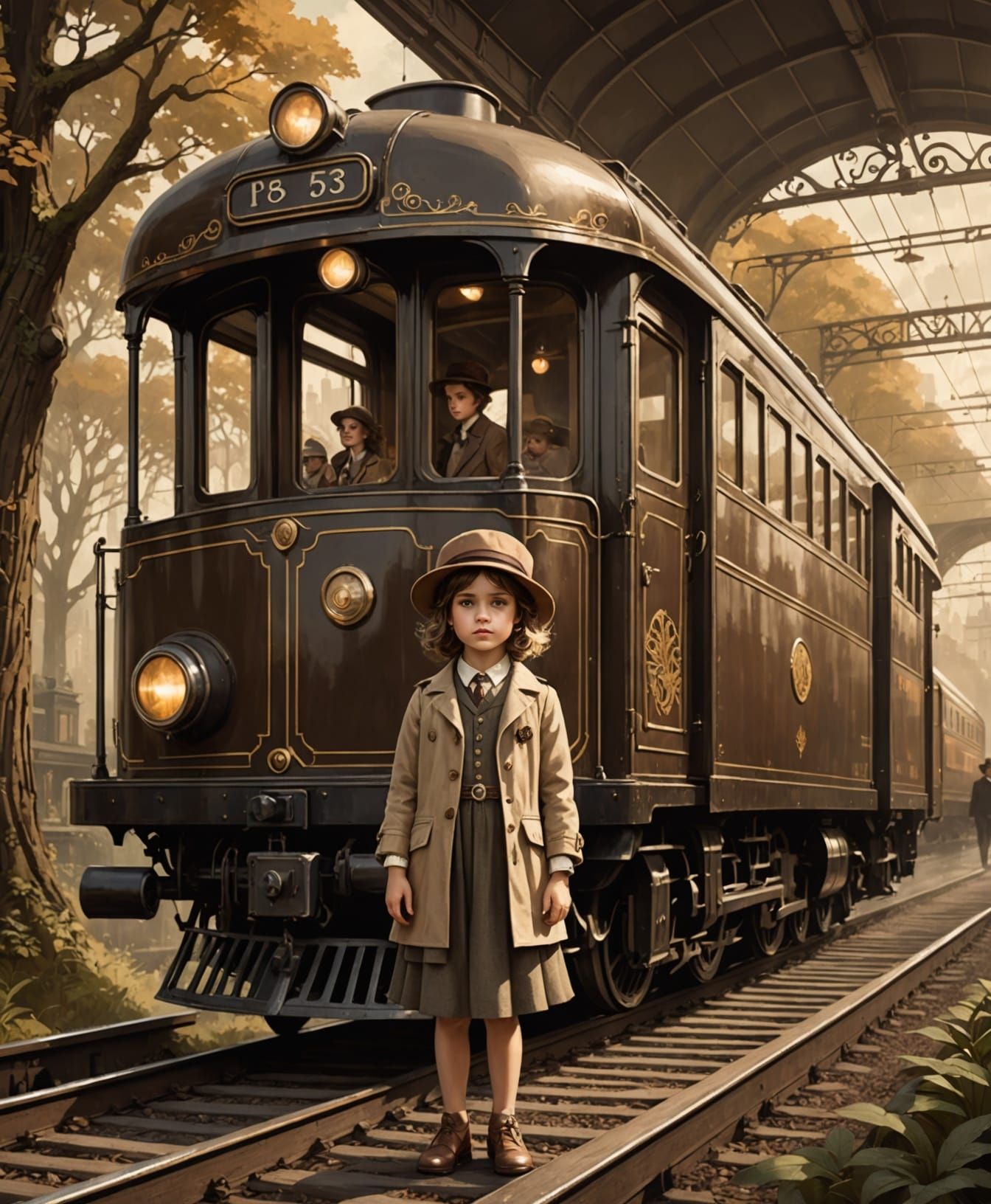 Elegant Girl and Retro Train in Sepia Cityscape