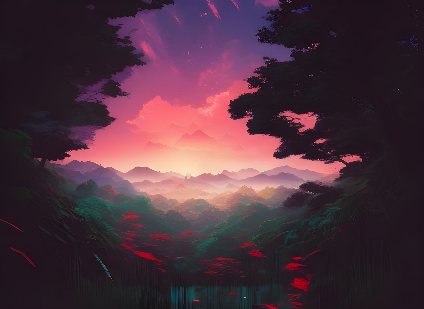 Bright Japanese Landscape in Maximalist Style