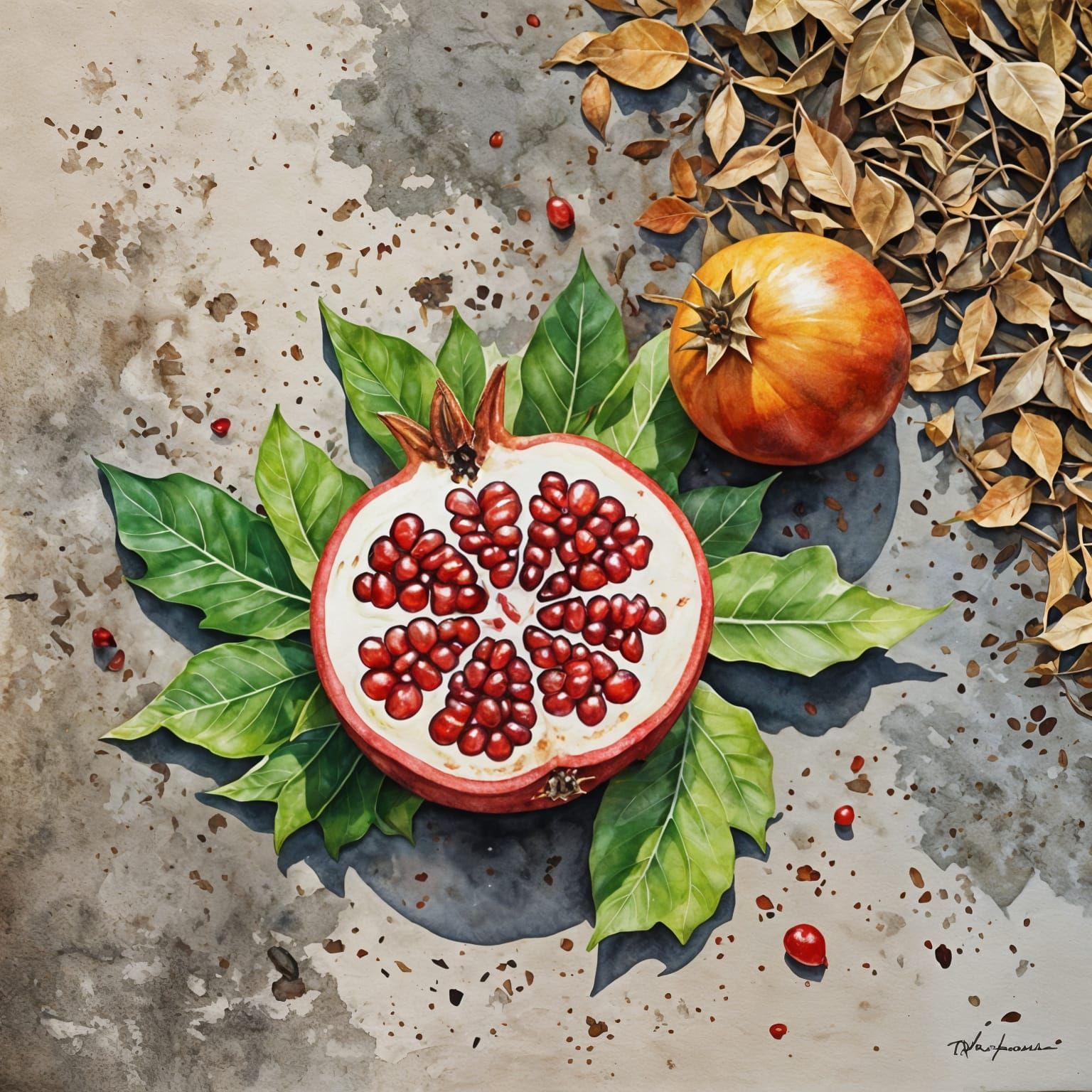 Watercolor Pomegranate on Autumn Leaves