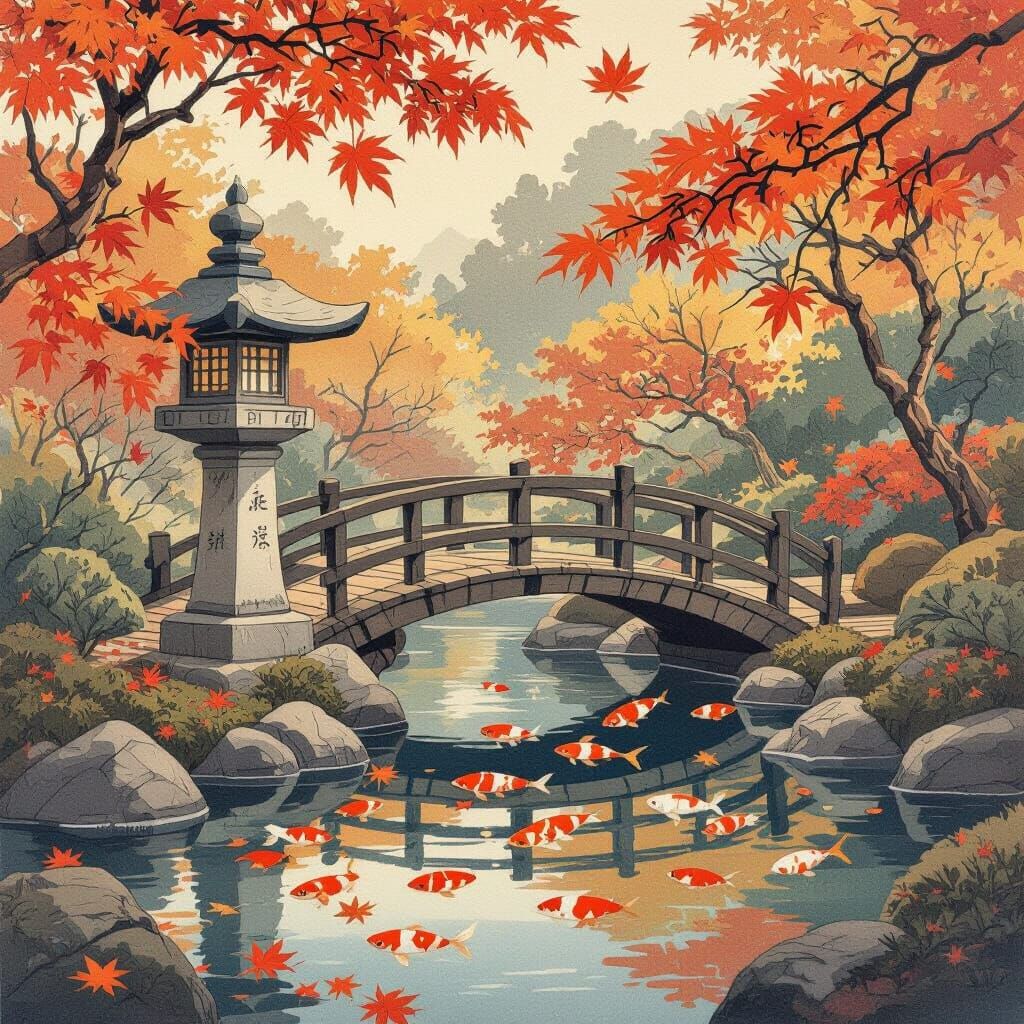 Autumn Japanese Garden in Ukiyo-e Style