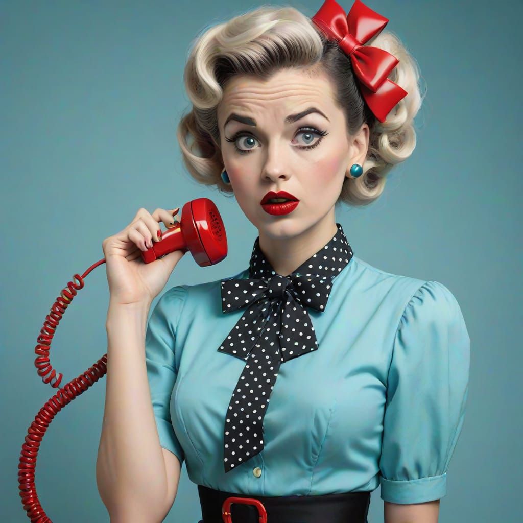 Frustrated Woman in Retro Polka-Dot Outfit with Red Phone