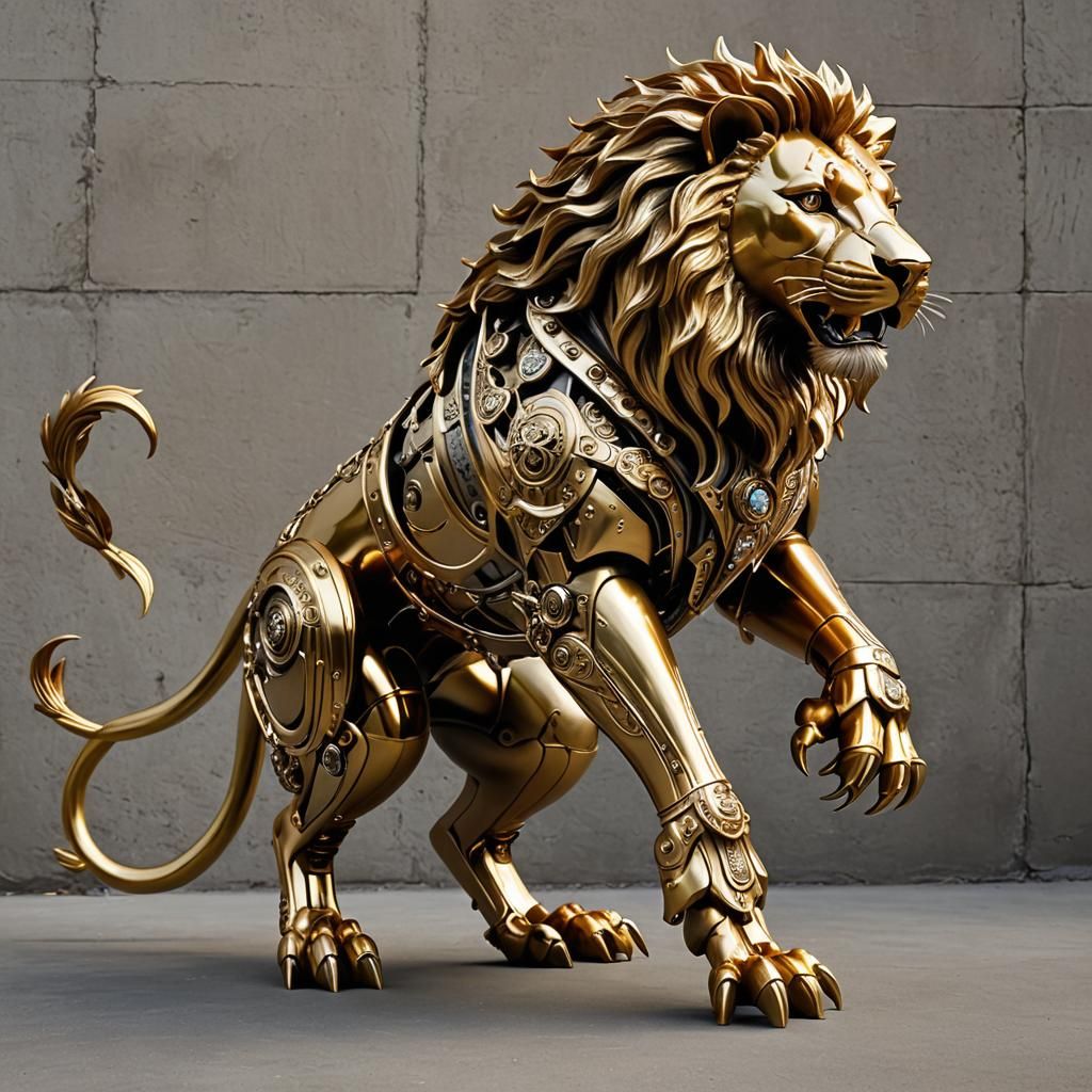 Mechanical Lion with Golden Fur and Red Eyes