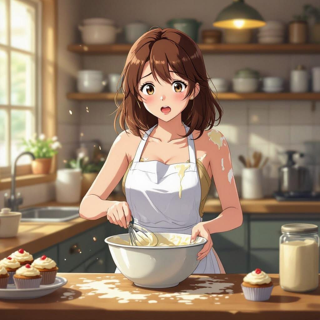 Anime Girl's Baking Mishap in Cozy Kitchen