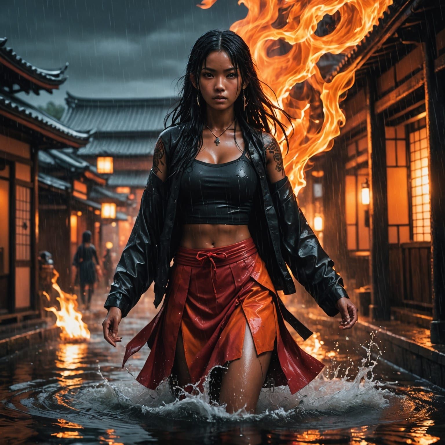 Dramatic Anime Girl in Rainy Urban Setting