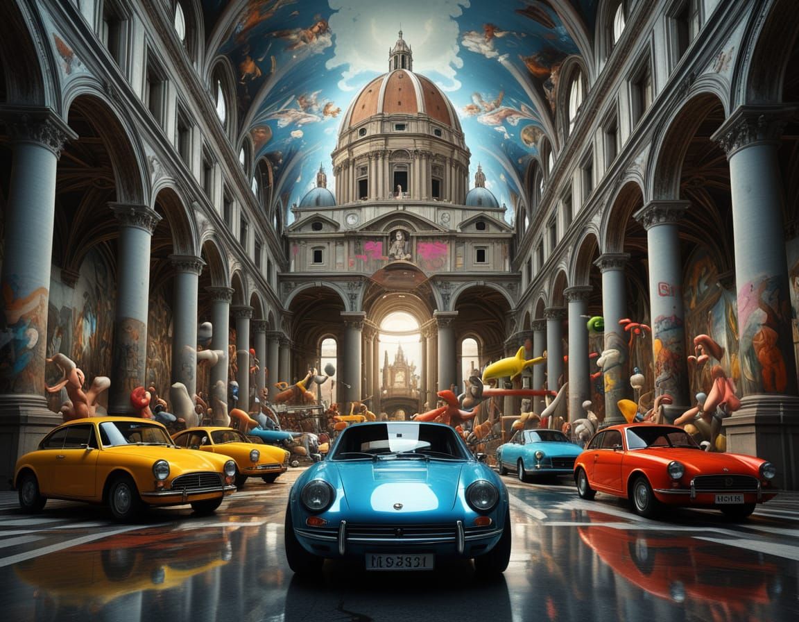 Whimsical Cars and Creatures in Surrealist Style