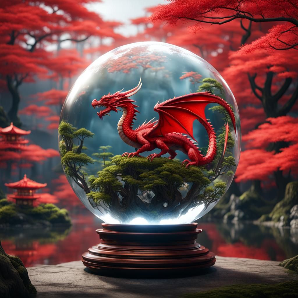 Red Dragon in Crystal Globe: Fantasy Matte Painting