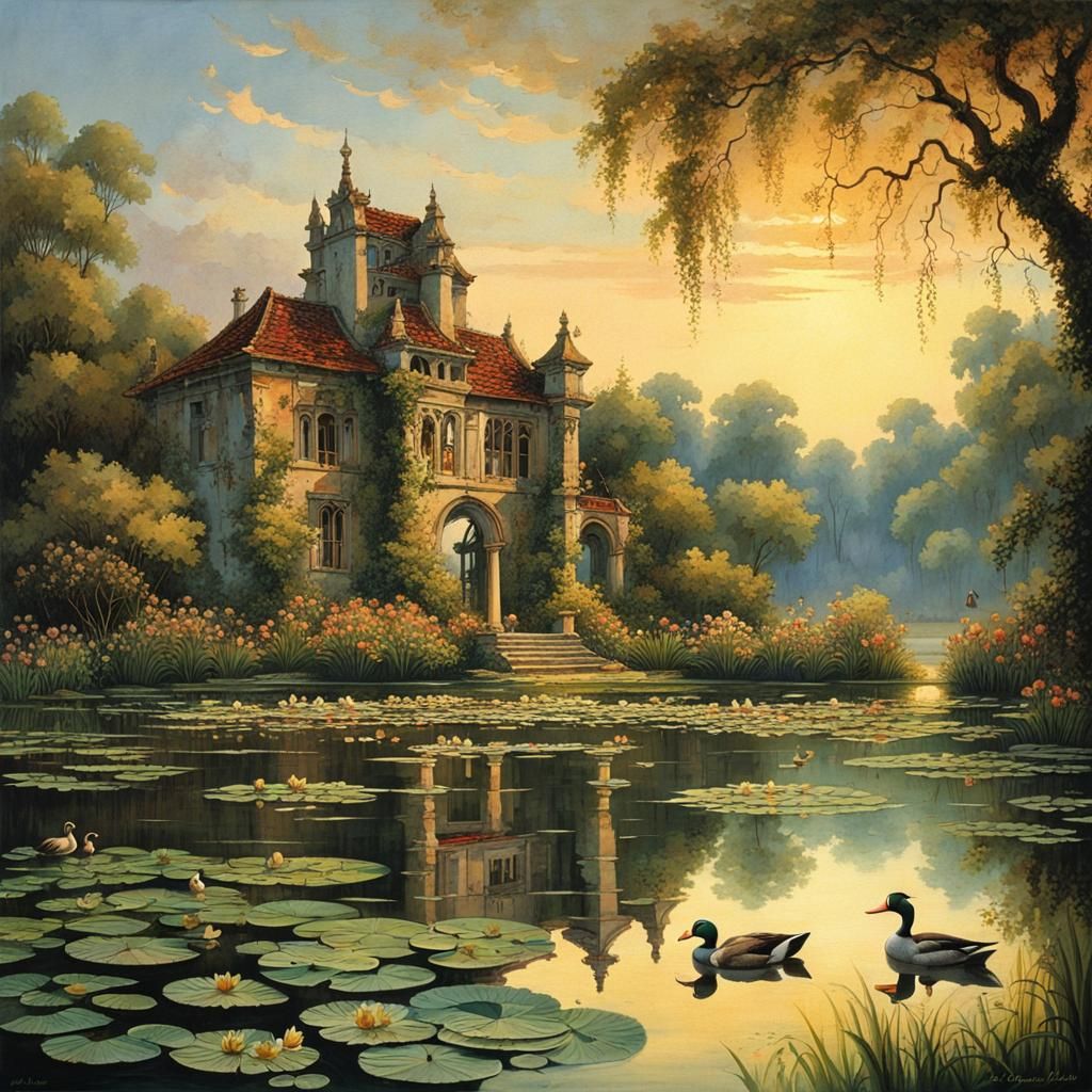 Picturesque Lakeside Manor Ruins at Dusk