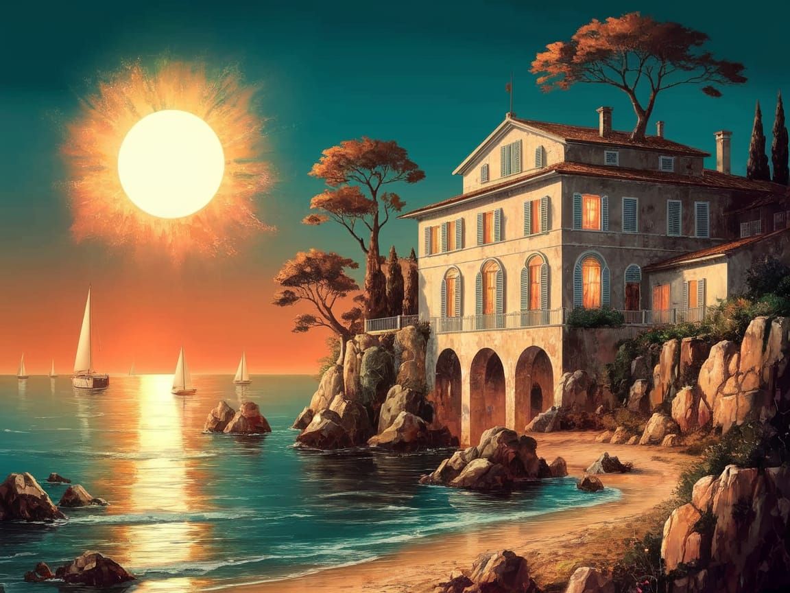 Serene Coastal Villa at Dusk in Classic Oil Painting Style