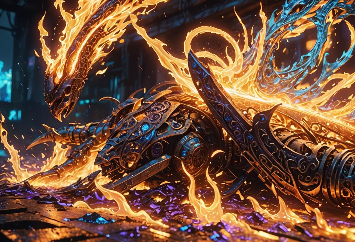 Fantasy Hoe with Flame Decoration in Cyberpunk Style