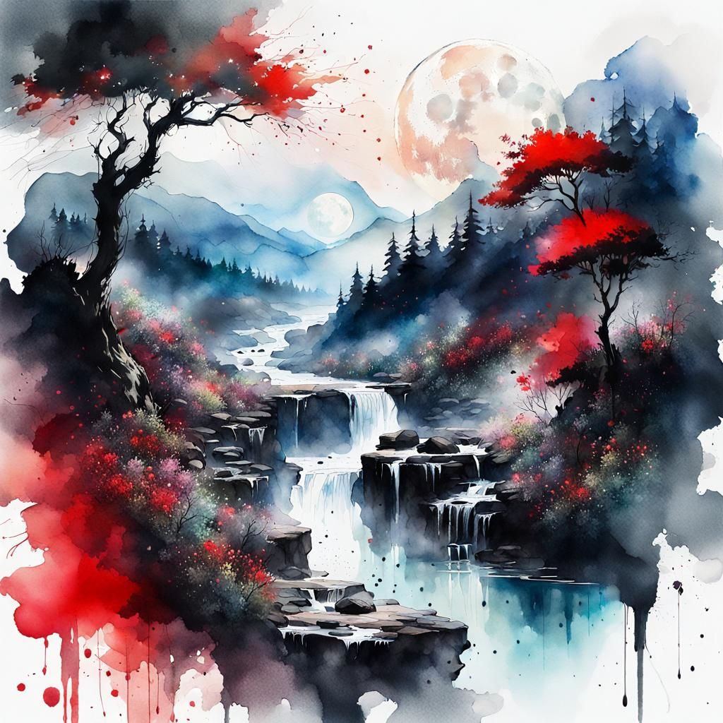 Lush Moonlit Landscape in Watercolor Ink Splatter Style
