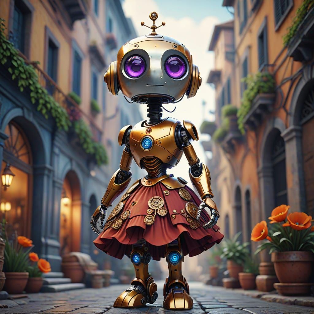 Whimsical Robot Enjoys Pretty Dress in Vibrant Roman Landsca...
