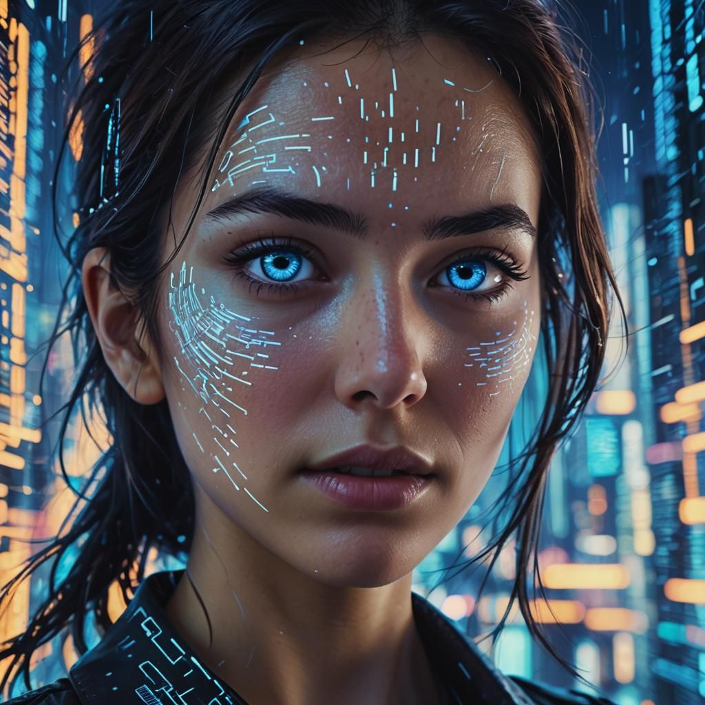 Cyberpunk Woman in Neon Matrix Code