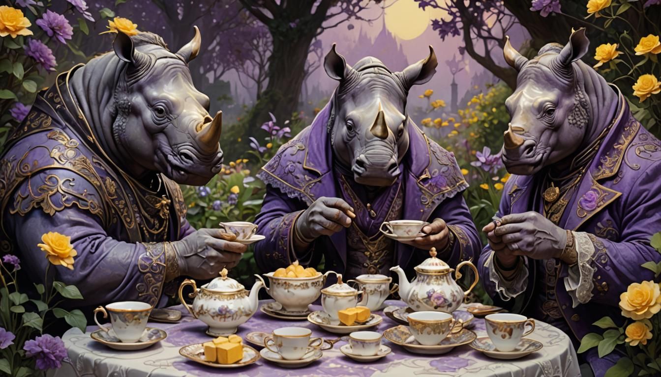 Rhino Men's Delicate Tea Party in Dark Fantasy Style