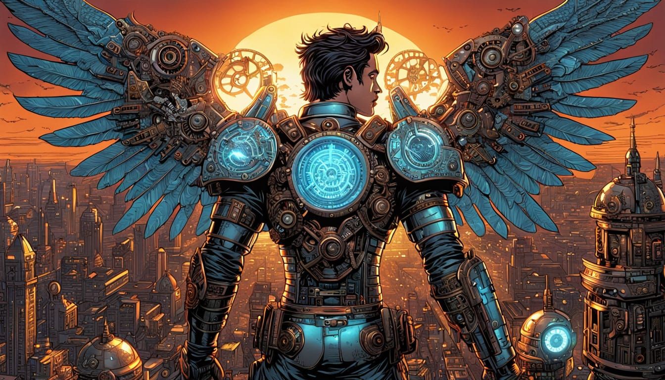 Steampunk Angel with Mechanical Wings on City Skyline