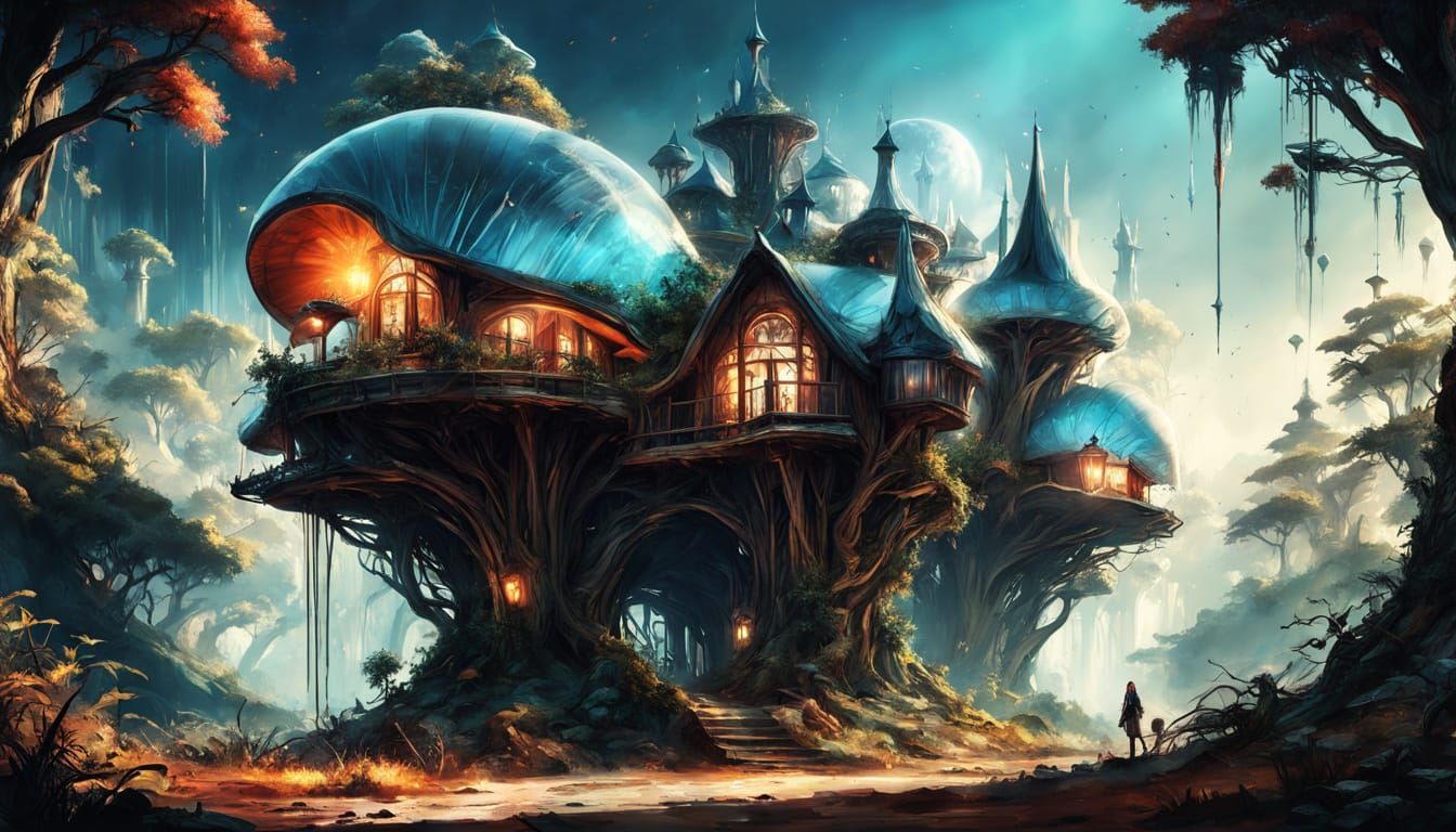 Surreal Solarpunk Village with Mushroom Houses and Luminous ...