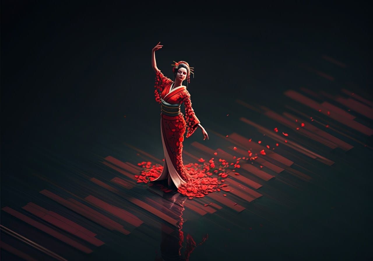 Dancing Geisha Composed of Flower Petals
