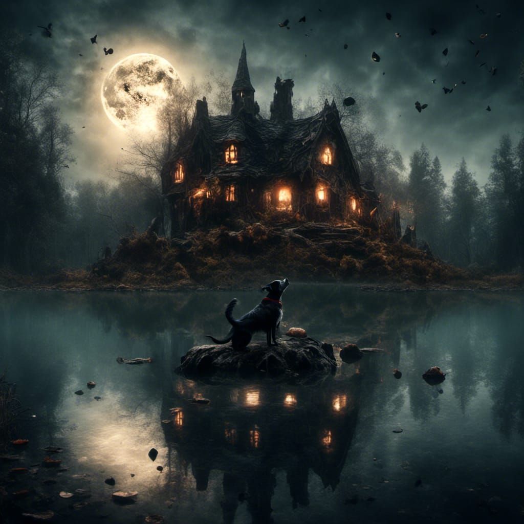 Macabre Black Dog Howling at Moonlit Lake