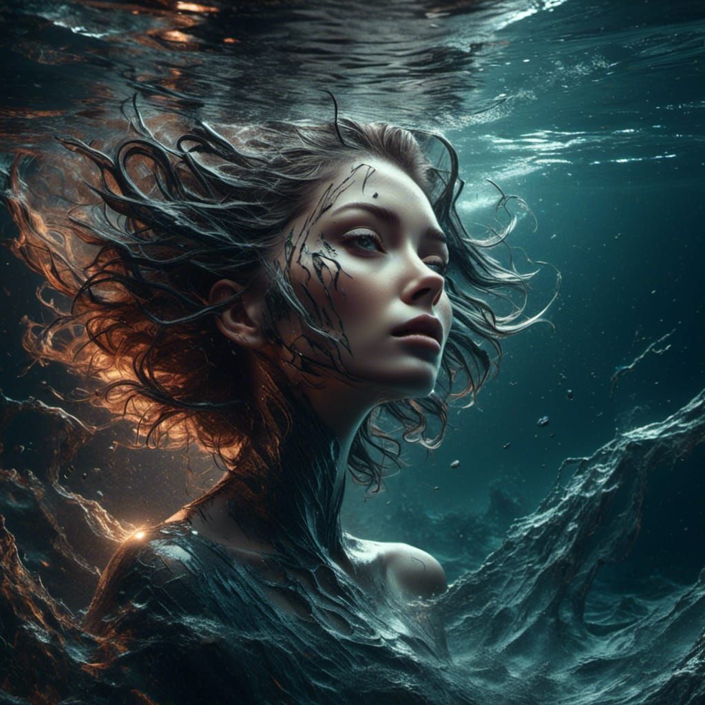 Fractured Underwater Face in Detailed Matte Painting
