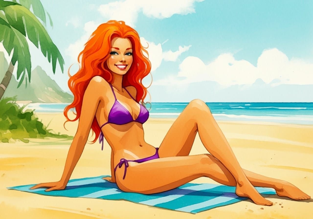 Watercolor Woman Relaxing on Tropical Beach