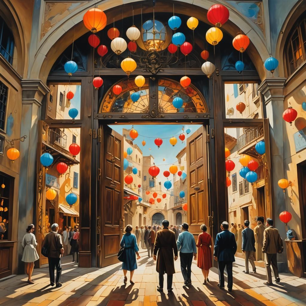 Surreal Marketplace: Dreamlike Oil Painting in Warm Colors