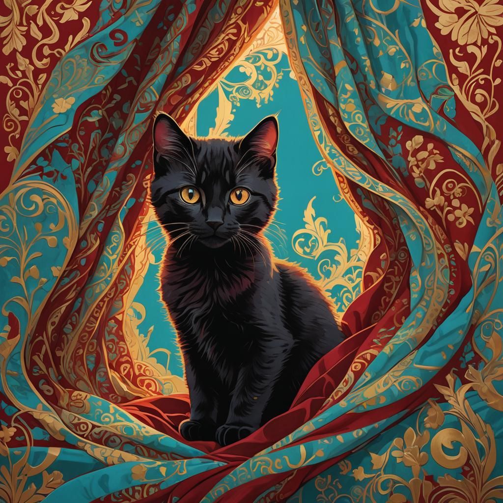 Kitten Silhouette Behind Crimson Curtain in Dreamlike Style