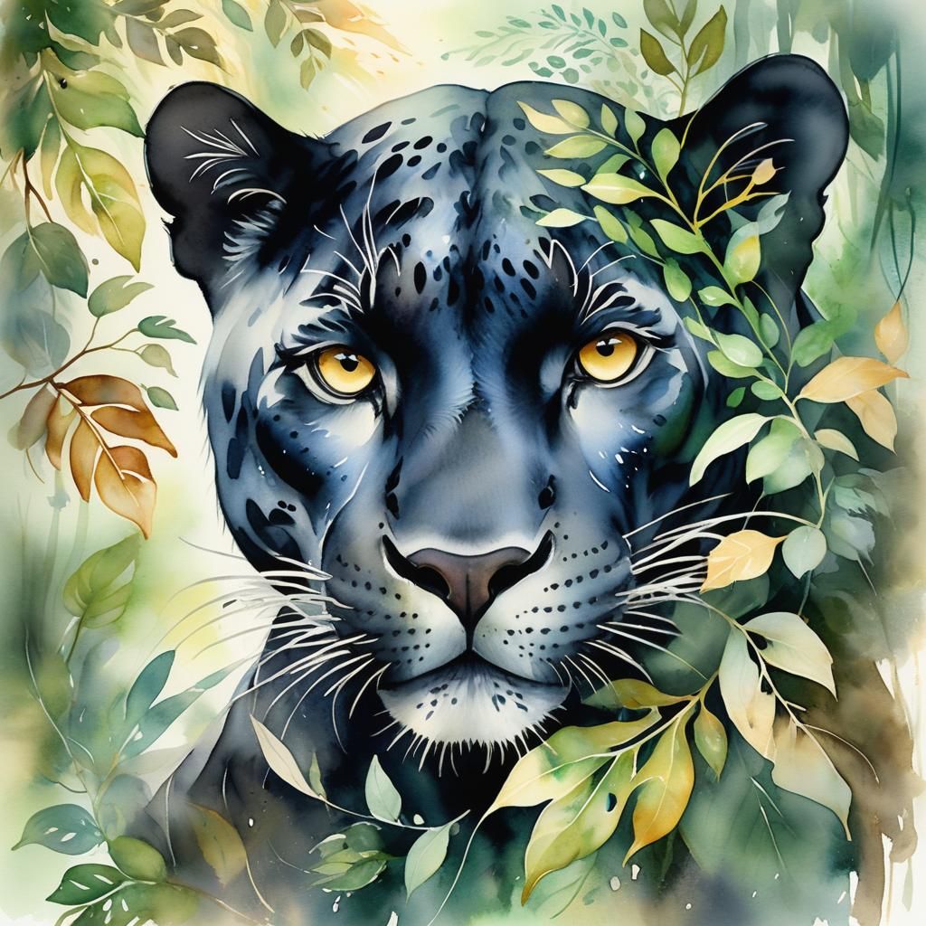 Panther Portrait in Whimsical Watercolor Style