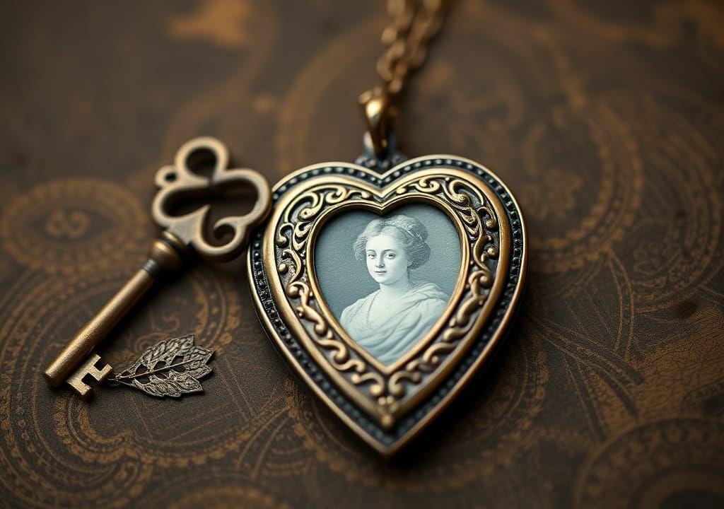 Vintage Key, Locket, and Woman's Portrait