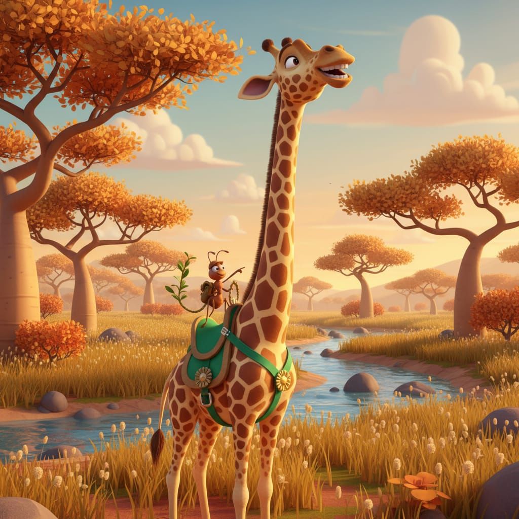 Pixar-Style Giraffe with Ant Rider in Savannah