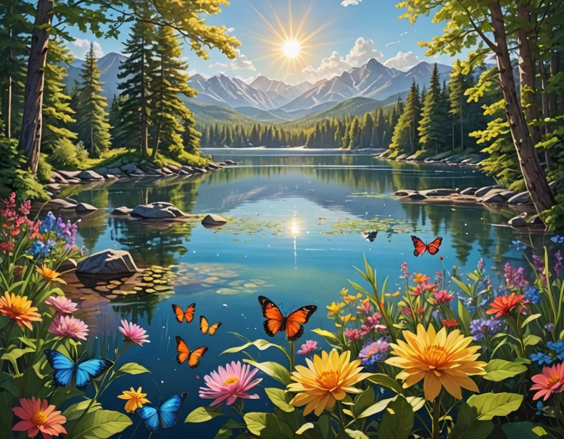 Vibrant Mountain Lake Landscape in Radiant Sunshine