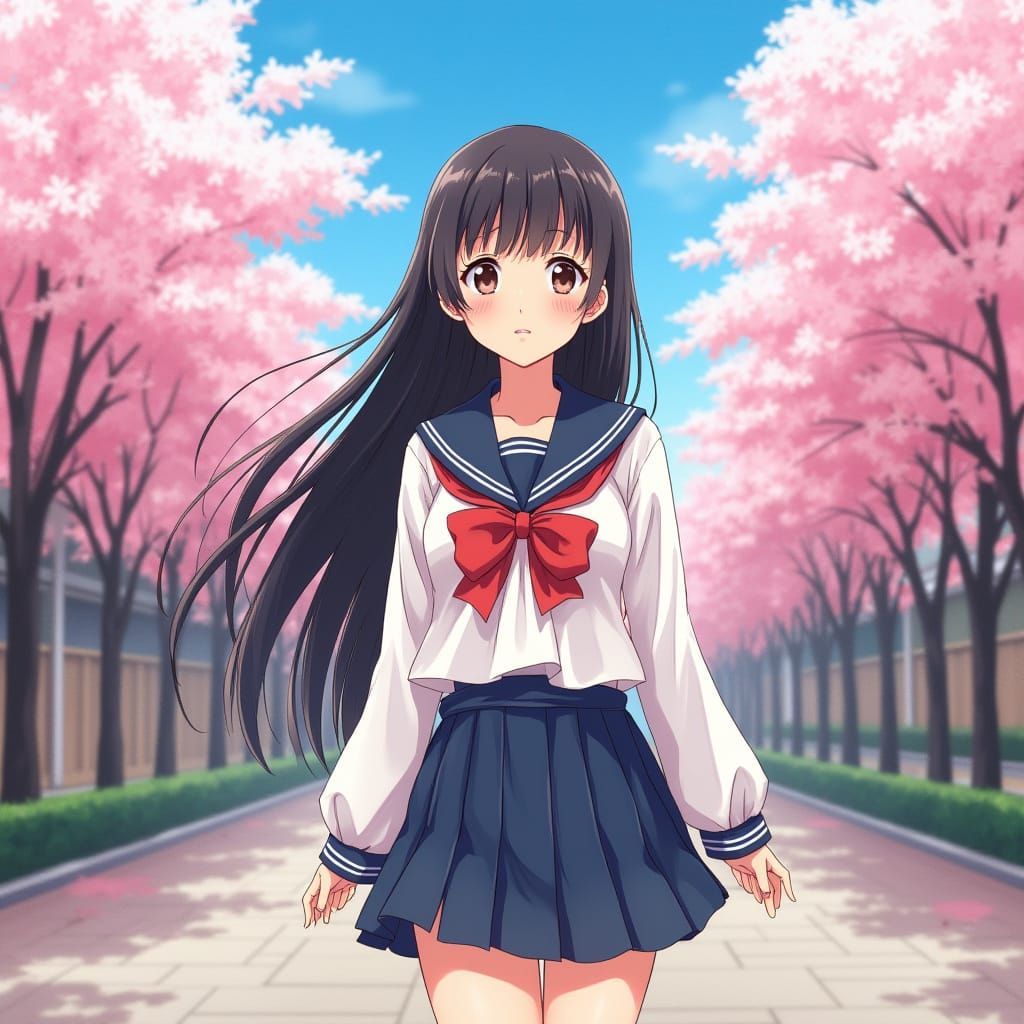 Traditional Japanese Schoolgirl in Vibrant Cherry Blossom Co...