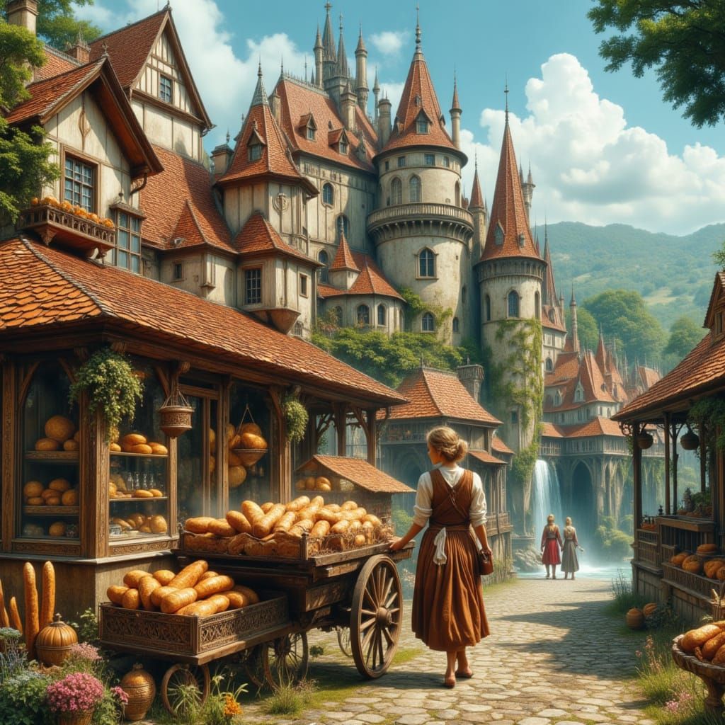 Medieval Woman Selling Bread in Dreamlike Fantasy Scene