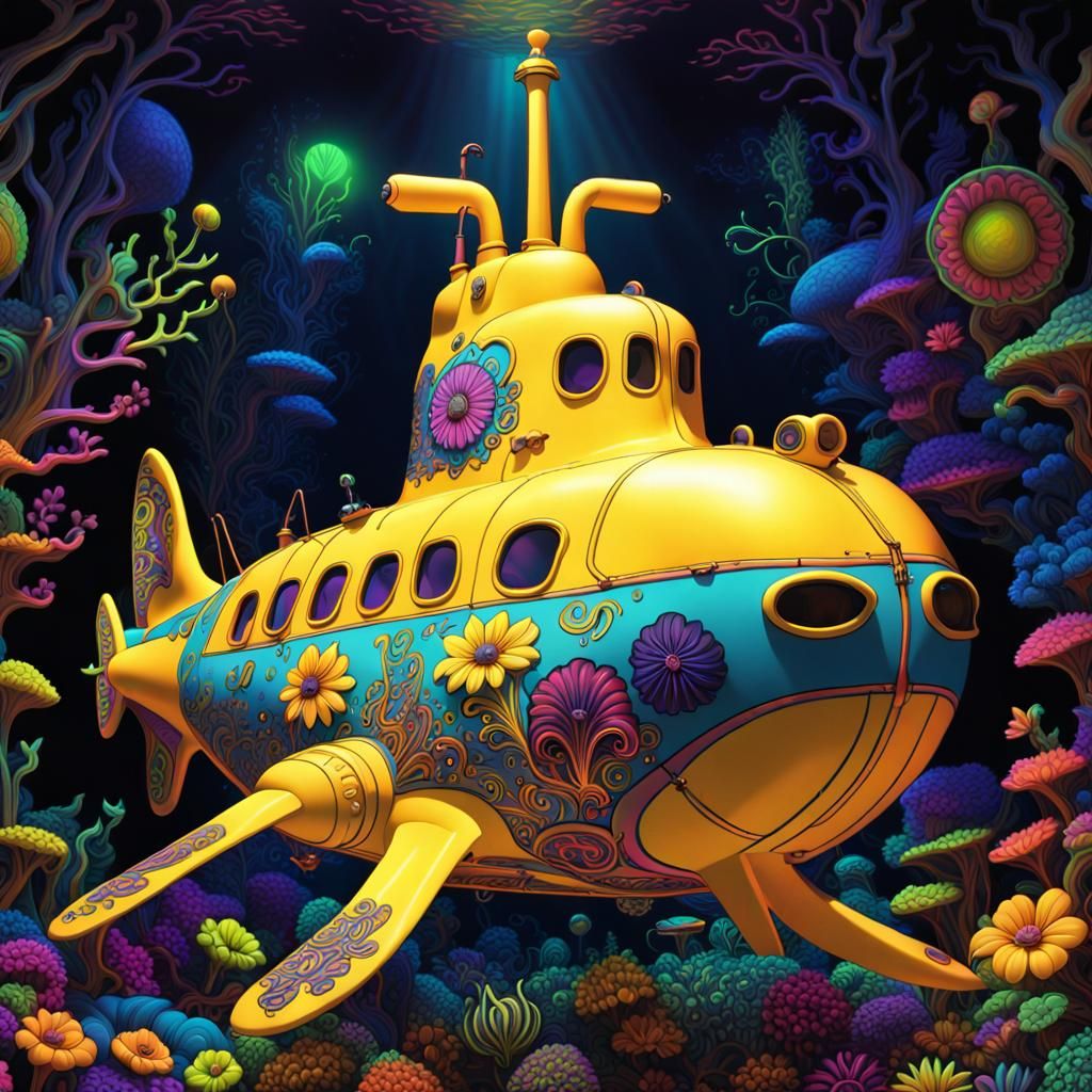 Psychedelic Yellow Submarine in Neon Blacklight