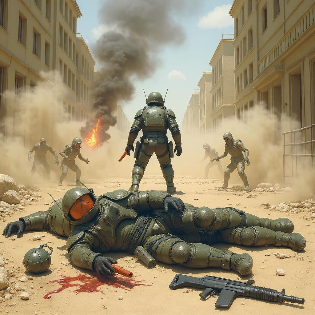 Futuristic Soldier Battles Creature in Ruined City